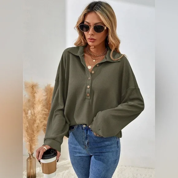 SHEIN long sleeve half button drop shoulder tee in army green size small - Picture 1 of 7